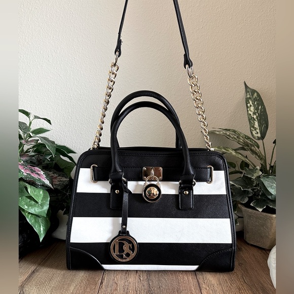 Dasein VL Black & White Striped Top Handle Tote Shoulder Bag - Picture 2 of 15